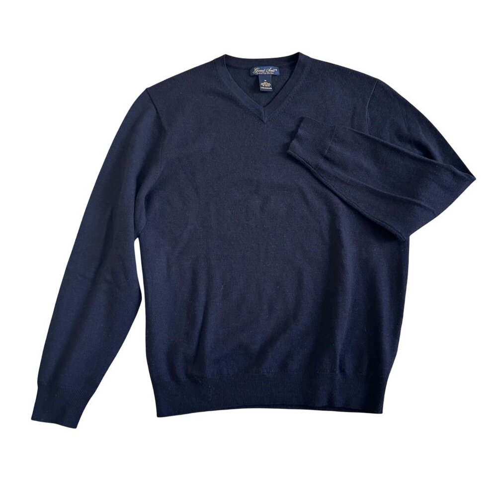 Garret Scott Men's Size M Extra Fine Merino Wool V-Neck Sweater Navy Blue